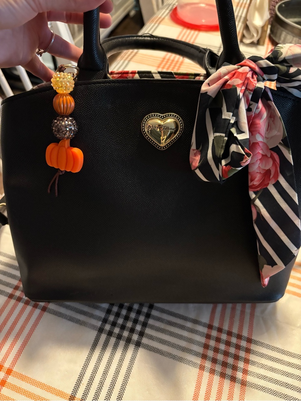 Betsey Johnson Black Handbag with Gold Heart Accent and Floral Scarf